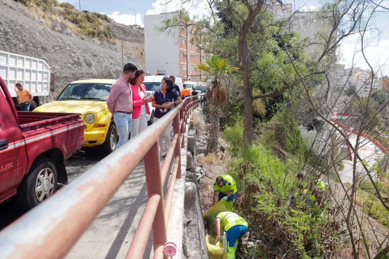 Carolina Darias observa a unos operarios de limpieza.